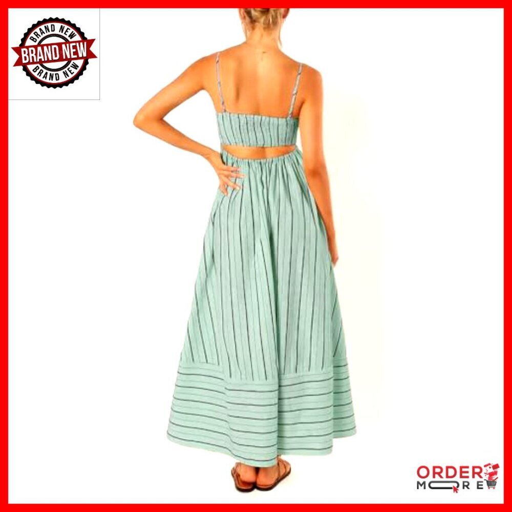 Striped Maxi Dress Smocked Back Cut Out Spaghetti Strap Flowy Swing Formal - Picture 2 of 6